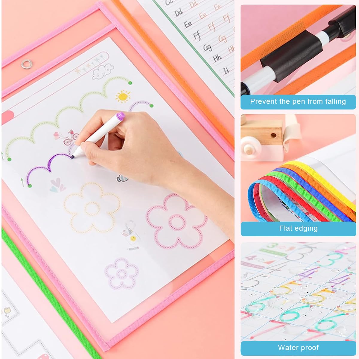 Climberty Dry Erase Pocket Sleeves, 6 Pack 10 x 14 Inch Colorful Dry Erase Plastic Sleeves with 6 Erasable Color Pens, Reusable Clear Pocket Sleeves for Documents, Classification, Practicing Painting Climberty Dry Erase Pocket Sleeves, 6 Pack 10 x 14 Inch Colorful Dry Erase Plastic Sleeves with 6 Erasable Color Pens, Reusable Clear Pocket Sleeves for Documents, Classification, Practicing Painting